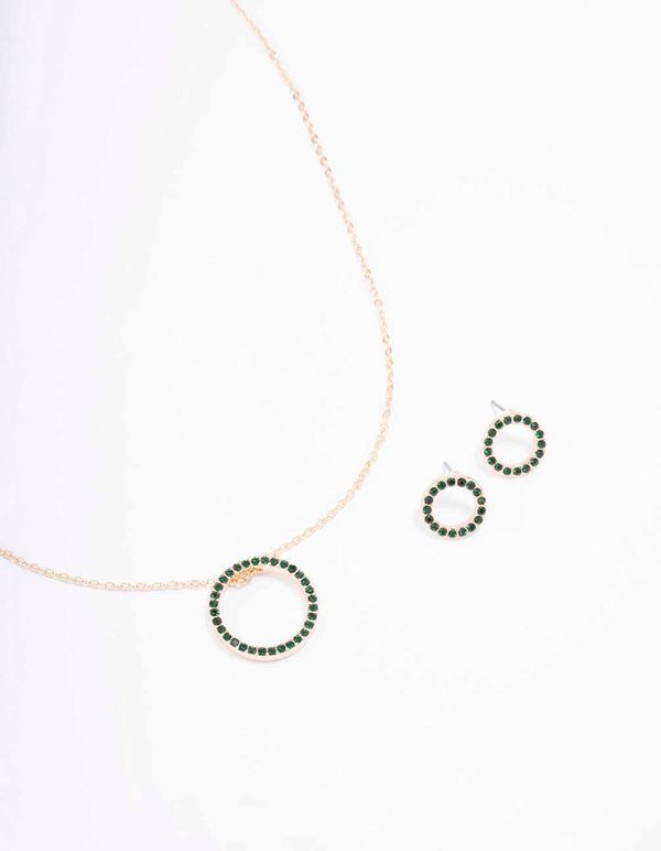 Gold Diamante Open Circle Necklace & Stud Earring Set