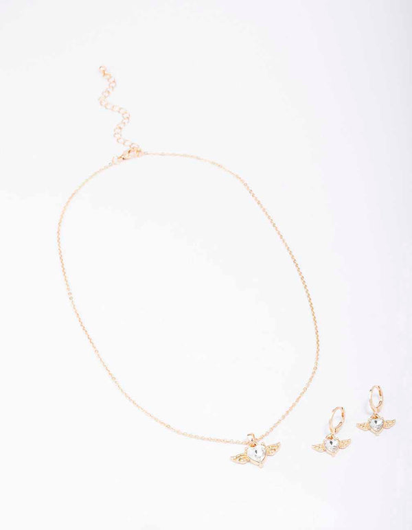 Gold Heart Wing Necklace & Huggie Earring Set