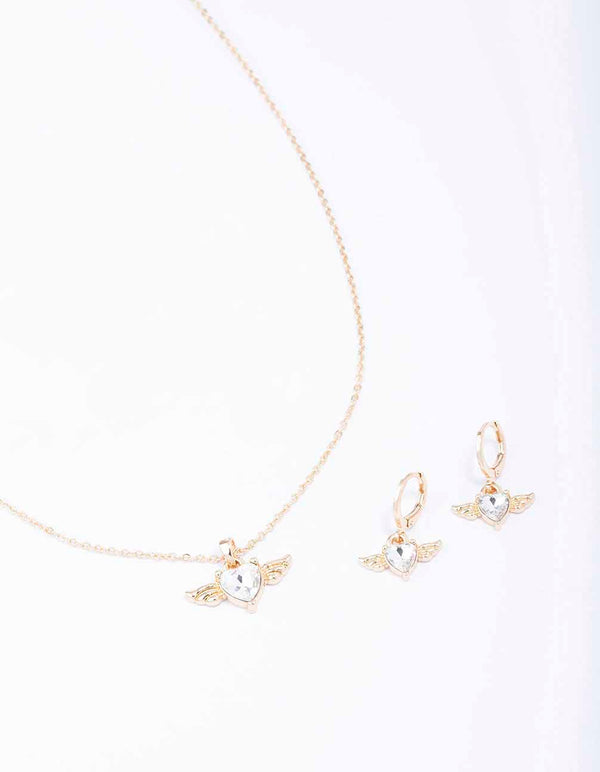 Gold Heart Wing Necklace & Huggie Earring Set
