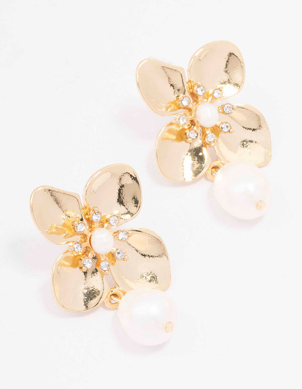 Gold Plated Crystal Flower Pearl Drop Earrings
