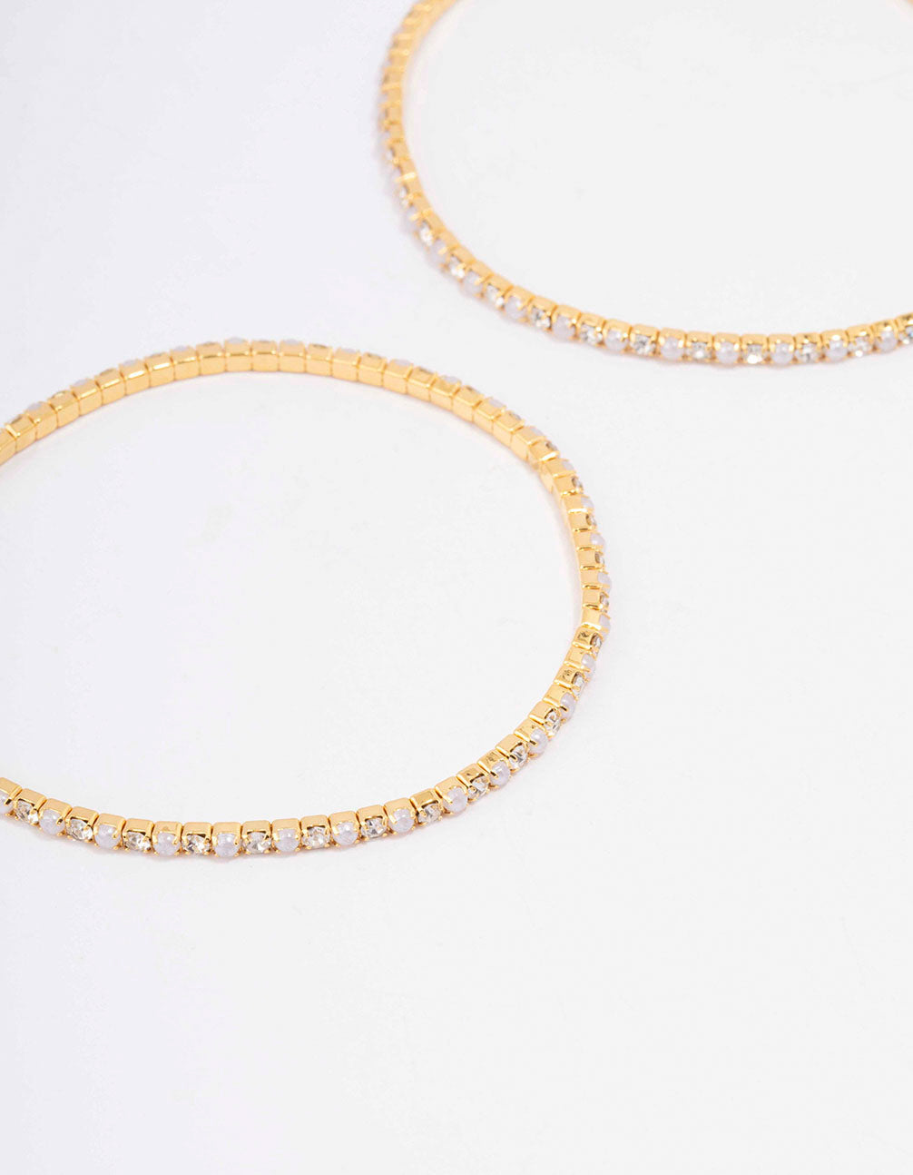 Gold Plated Alternating Mini Cubic Zirconia Pearl Stretch Bangle