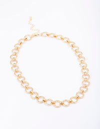 Gold Plated Hammered Round Link Chain Necklace - link has visual effect only