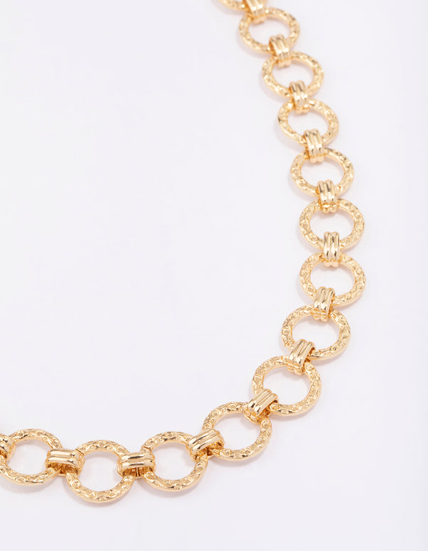 Gold Plated Hammered Round Link Chain Necklace