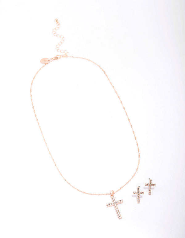 Rose Gold Diamante Cross Jewellery Set