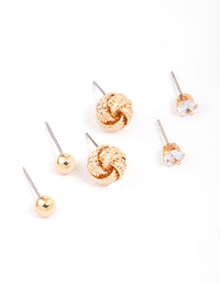 Gold Diamante Knotted Stud Earring 3-Pack - link has visual effect only