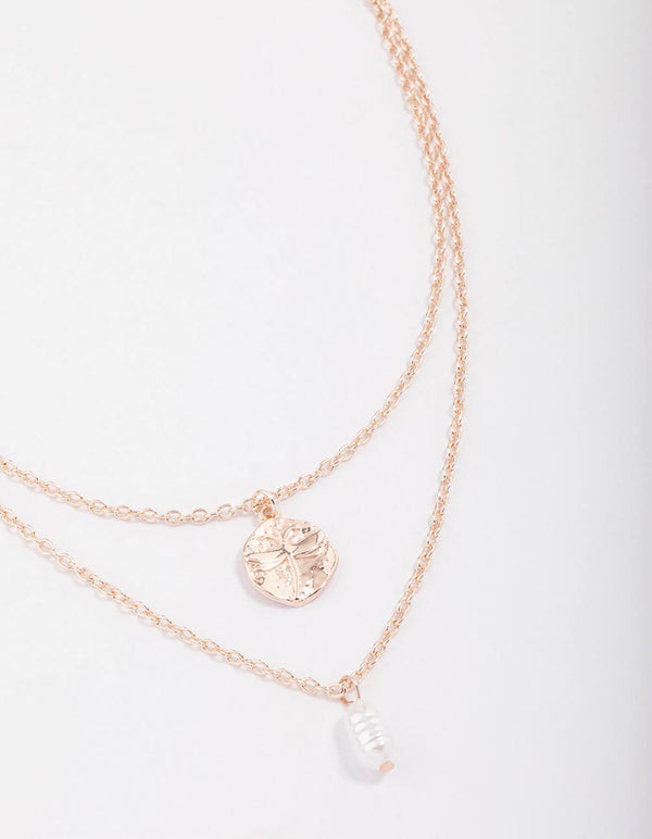 Rose Gold Disc & Pearl Layered Necklace