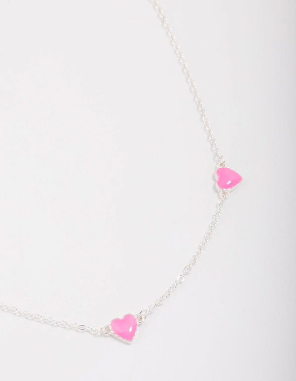 Silver Pink Enamel Heart Chain Necklace