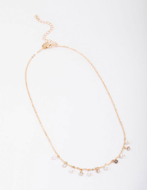 Gold Pearl Diamante Droplet Chain Necklace Lovisa