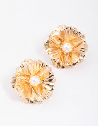 Gold Foil Pearl Flower Stud Earrings - link has visual effect only