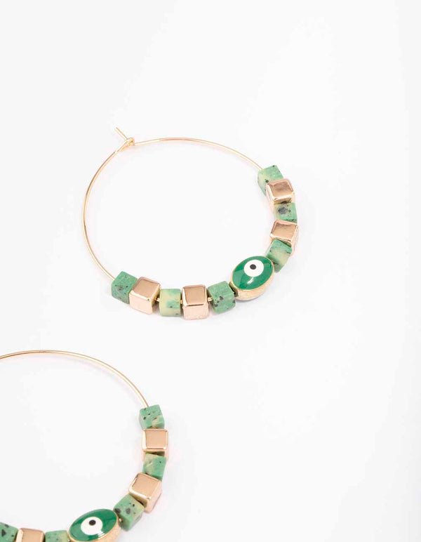 Gold & Green Beaded Evil Eye Hoop Earrings