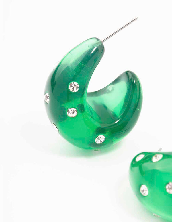 Green Acrylic Chunky Diamante Hoop Earrings
