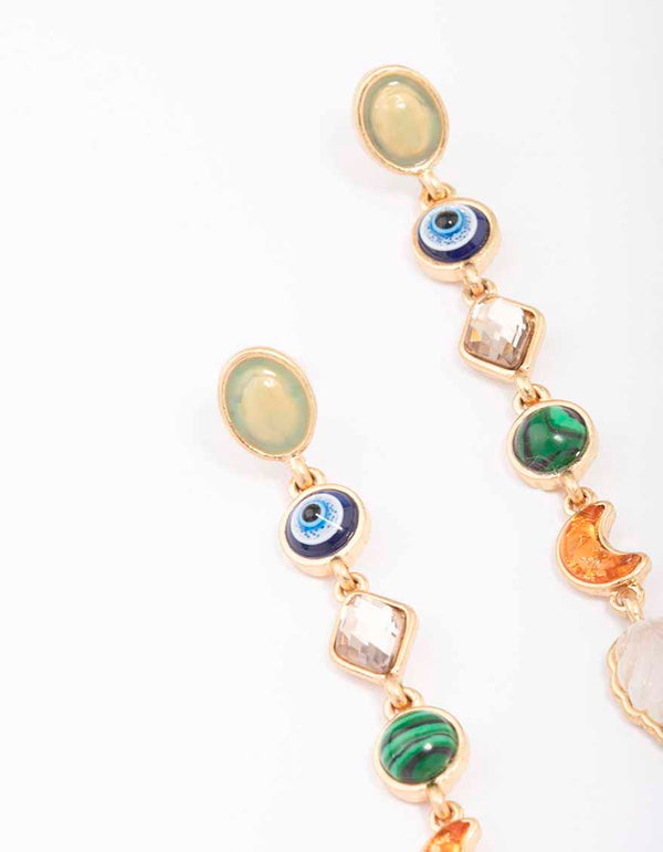 Gold Mixed Shape Evil Eye Charm Drop Earrings