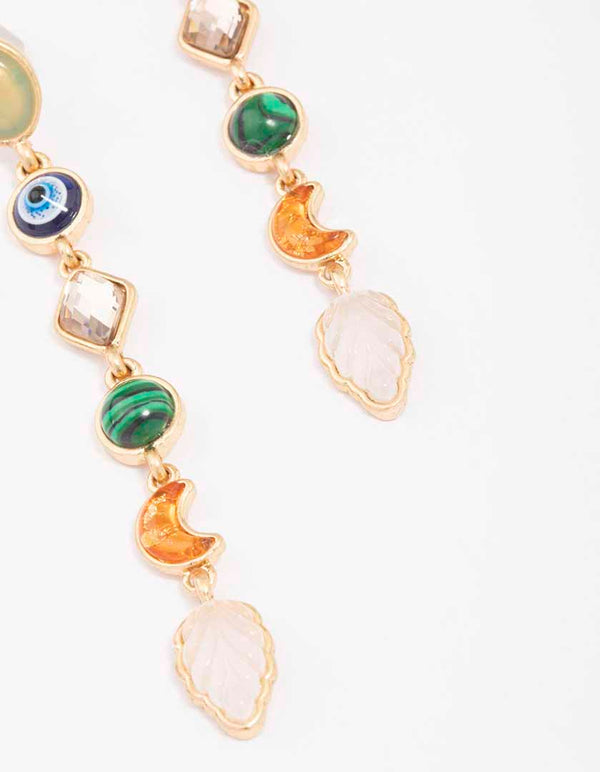 Gold Mixed Shape Evil Eye Charm Drop Earrings