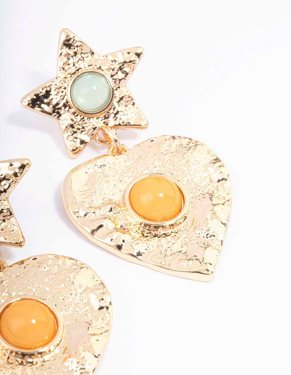Gold Star & Heart Molten Drop Earrings