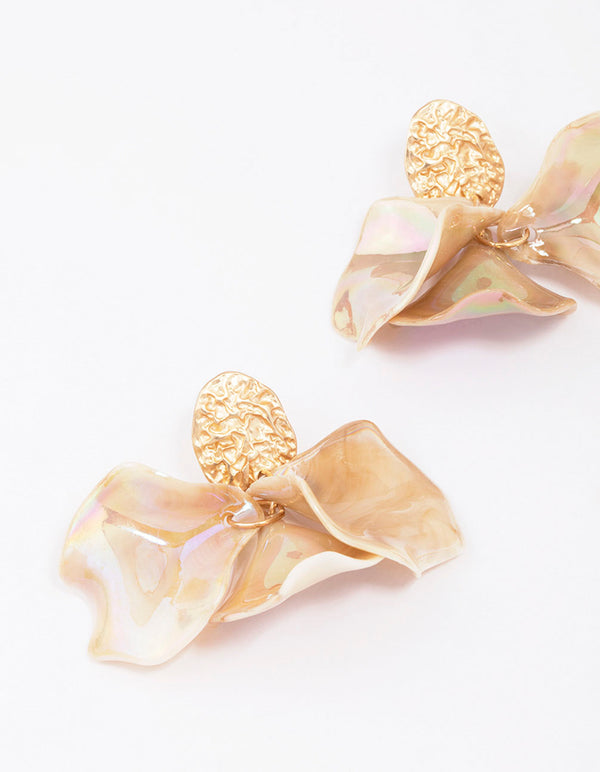 Gold Textured Petal Leaves Drop Earrings
