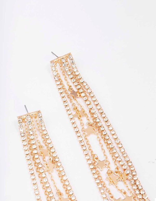 Gold Diamante Cup Chain Star Drop Earrings