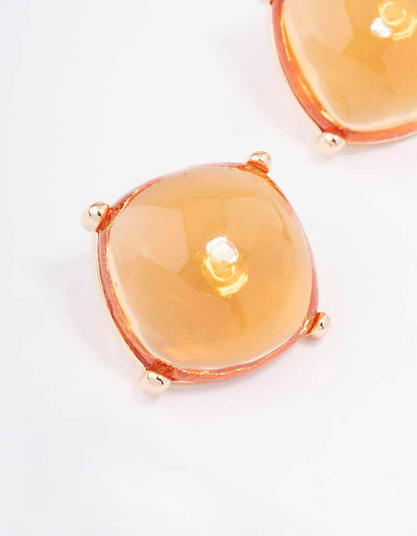 Gold Large Amber Square Stud Earrings