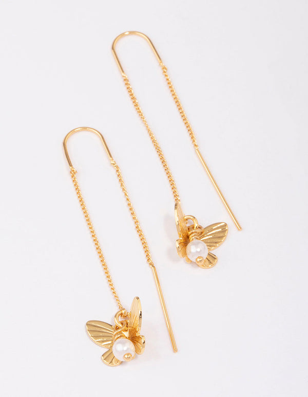 Gold Plated Pearl Butterfly Thread Through Earrings