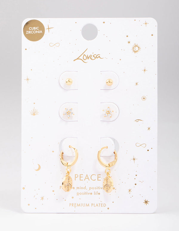 Gold Plated Cubic Zirconia Coin Earring 3-Pack