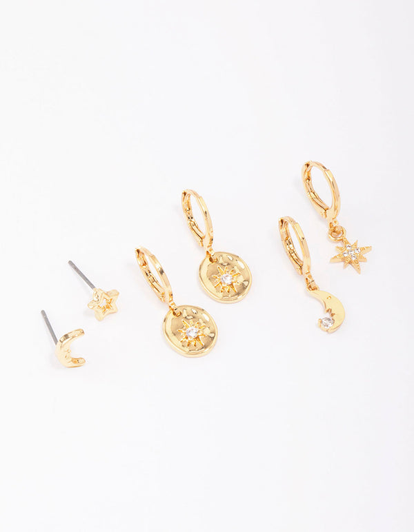 Gold Plated Celestial Cubic Zirconia Earring 3-Pack