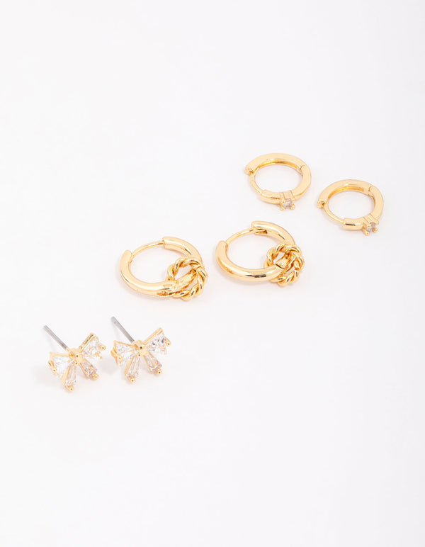 Gold Plated Cubic Zirconia Bow Earring 3-Pack