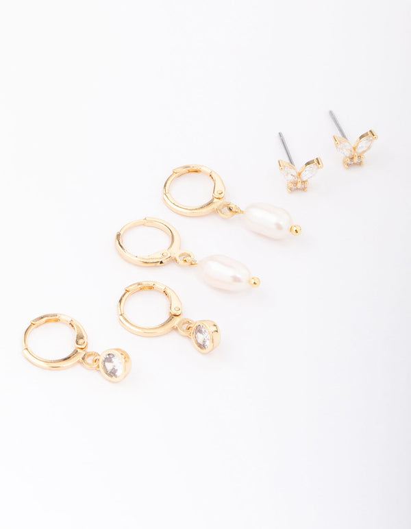 Gold Plated Freshwater Pearl Huggie Earring 3-Pack