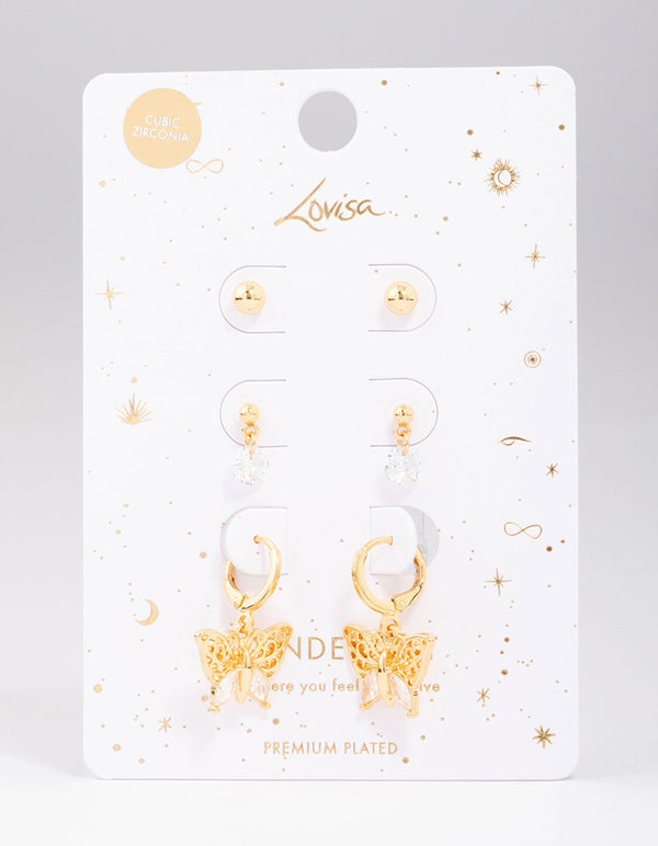 Gold Plated Cubic Zirconia Butterfly Earring 3-Pack