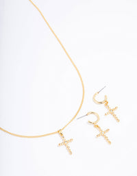 Gold Plated Textured Cubic Zirconia Cross Necklace & Earring Jewellery Set - link has visual effect only