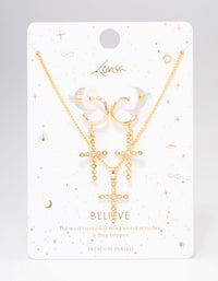 Gold Plated Textured Cubic Zirconia Cross Necklace & Earring Jewellery Set - link has visual effect only