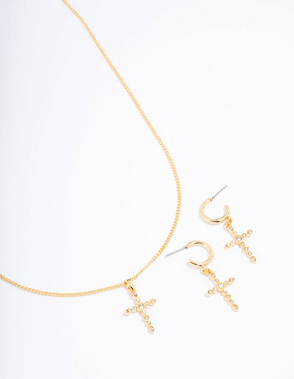 Gold Plated Textured Cubic Zirconia Cross Necklace & Earring Jewellery Set