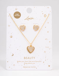 Gold Plated Cubic Zirconia Pave Heart Necklace & Earring Jewellery Set - link has visual effect only