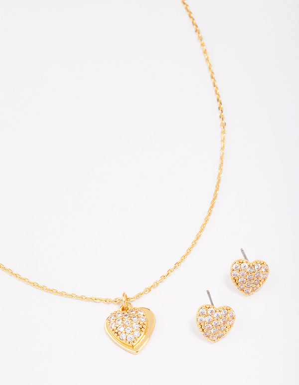 Gold Plated Cubic Zirconia Pave Heart Necklace & Earring Jewellery Set