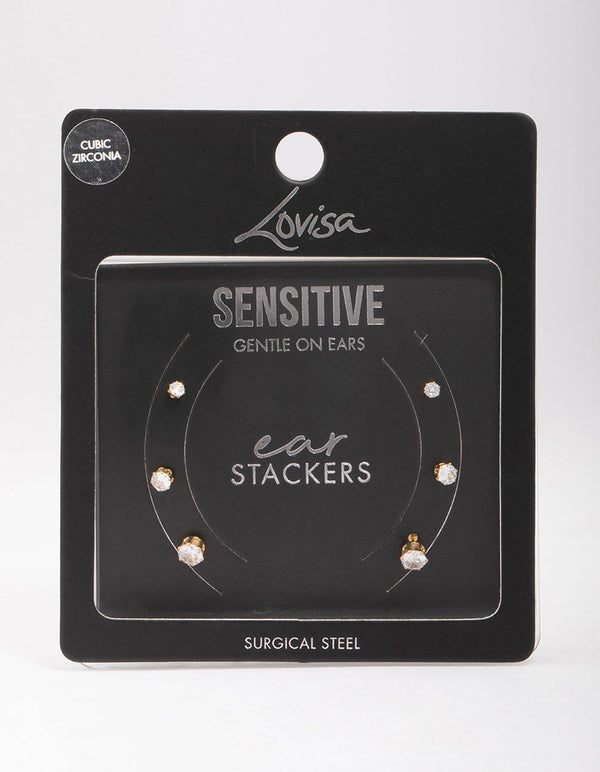 Gold Plated Surgical Steel Graduating Cubic Zirconia Stud Earring 3-Pack