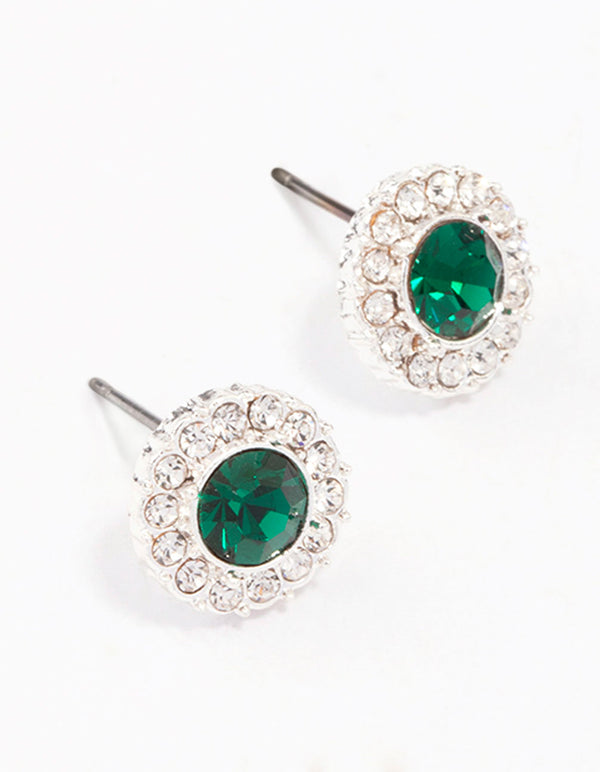 Silver Emerald Crystal Halo Stud Earrings