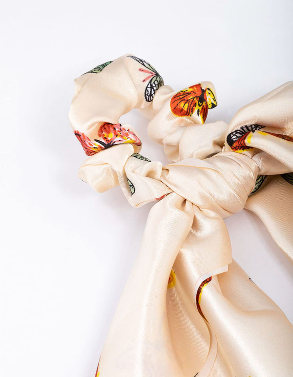 Cream Fabric Mixed Butterfly Satin Scarf