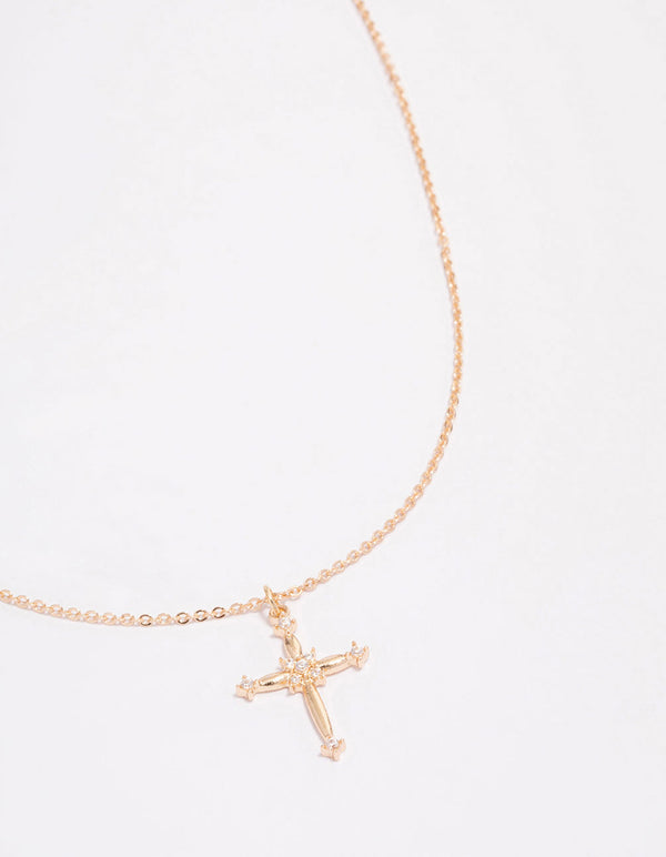 Gold Ornate Diamante Cross Pendant Necklace