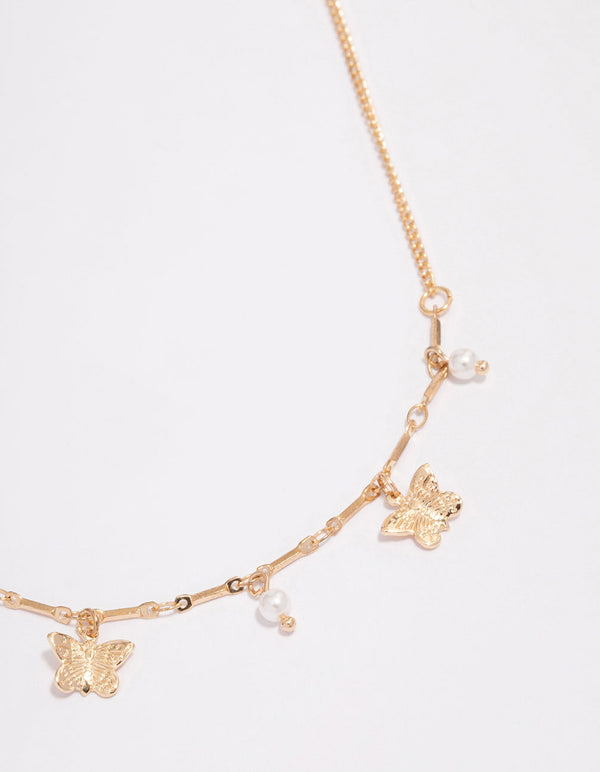 Gold Pearl Butterfly Droplet Necklace