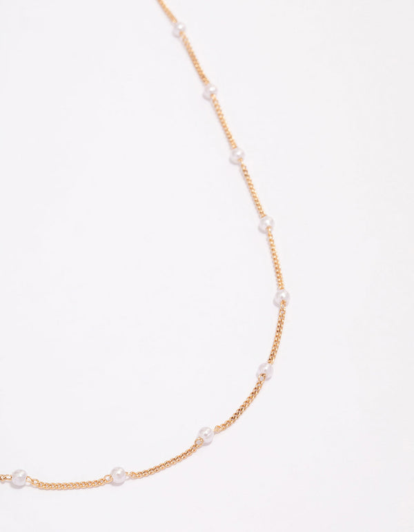 Gold Pearl Station Chain Necklace