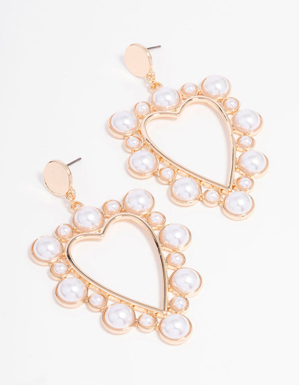 Gold Modern Pearl Heart Pearl Drop Earrings