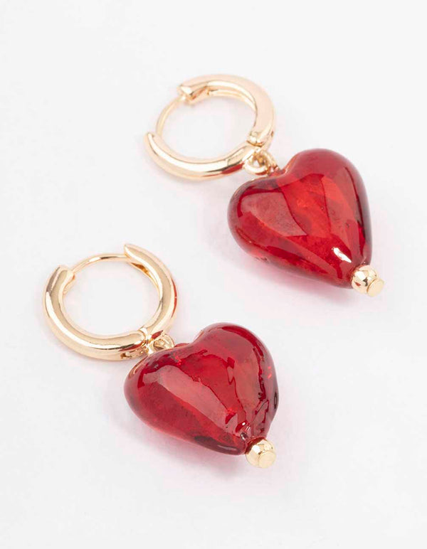 Gold Painted Red Heart Hoop Earrings