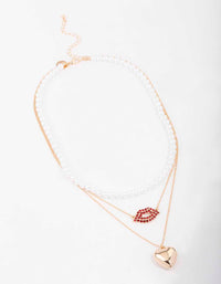 Gold Heart & Lips Glamorous Layered Necklace - link has visual effect only