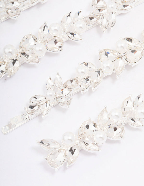 Silver Crystal & Pearl Leaf Hair Clip 4-Pack