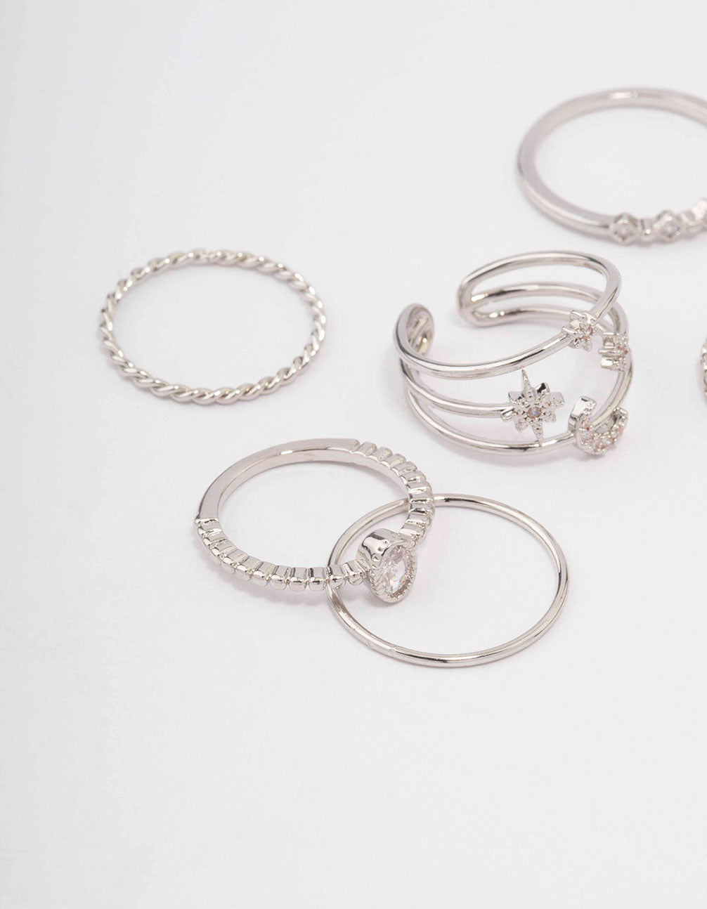 Silver Cubic Zirconia Moon & Stars Rings 5-Pack