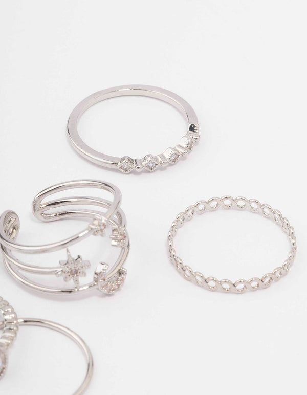 Silver Cubic Zirconia Moon & Stars Rings 5-Pack
