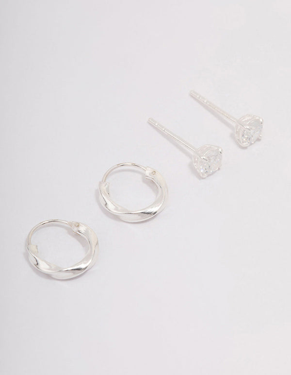Sterling Silver Cubic Zirconia & Twisted Hoop Earrings