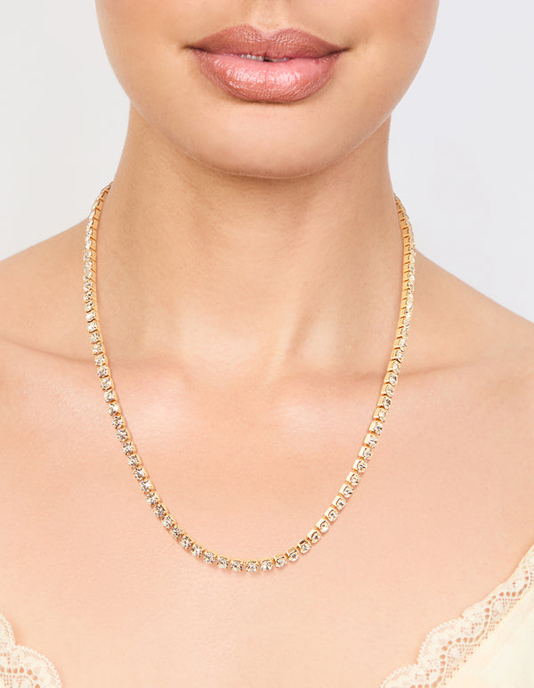 Waterproof Gold Plated Stainless Steel Cubic Zirconia Tennis Necklace