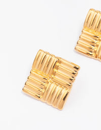 Waterproof Gold Plated Stainless Steel Square Ribbed Stud Earrings - link has visual effect only
