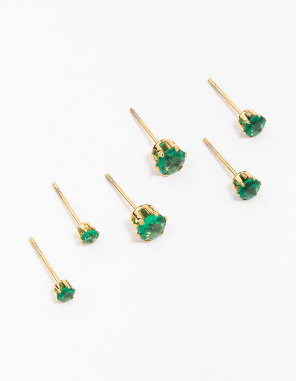 Gold Plated Stainless Steel Emerald Cubic Zirconia Stud Earring 3-Pack