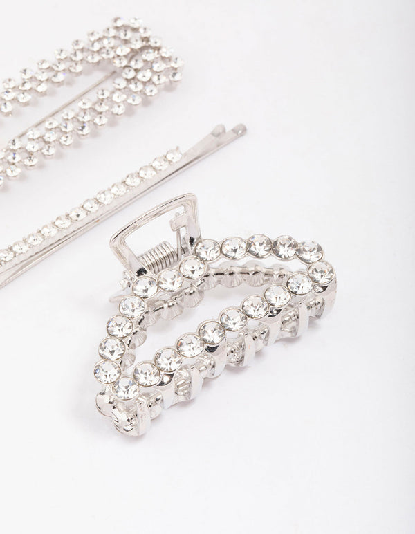 Silver Mixed Diamante Hair Claw Clip 3-Pack