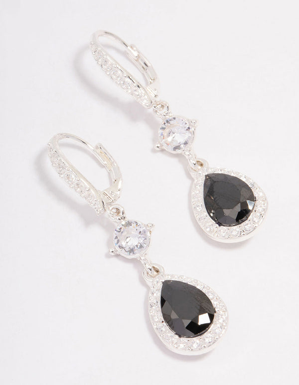 Silver Cubic Zirconia Black Pear Huggie Hoop Earrings